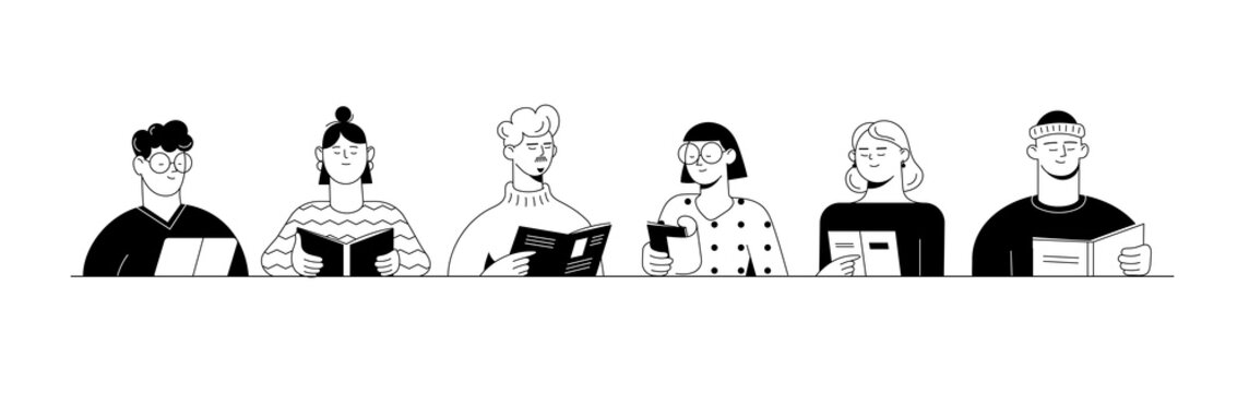 Collection of people reading or students studying and preparing for an examination.