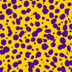 Vector cheetah skin seamless pattern. Trendy wild animal leopard spots, hand drawn yellow and violet texture for fashion print design, fabric, cover, wrapping paper, background, wallpaper
