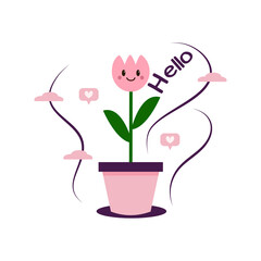 beautiful potted flowers. blooming in the spring comes. tulip flower planted in pot made in vector in kawaii style