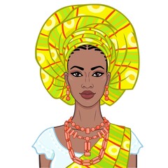 Animation portrait of the beautiful  black woman in a turban and ethnic jewelry. Color drawing. Vector illustration isolated on a white background.Template for use.