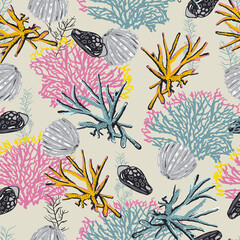Beautiful Seamless natural pattern with corals and algae pastel mood background Vector illustration,Design for fashion , fabric, textile, wallpaper, cover, web , wrapping and all prints