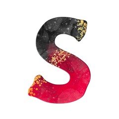 Alcohol Ink pink and grey letter S with golden splashes. Monogram letter S. Printable design.