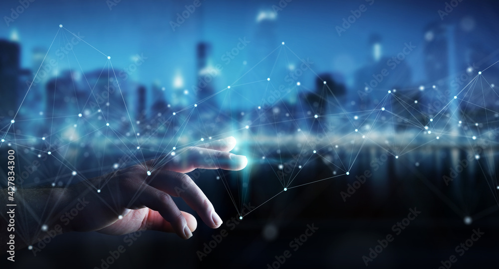 Poster businessman using floating digital network connections with dots and lines 3d rendering