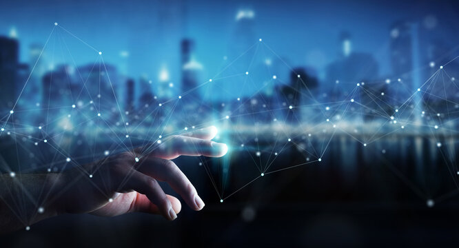 Businessman using floating digital network connections with dots and lines 3D rendering