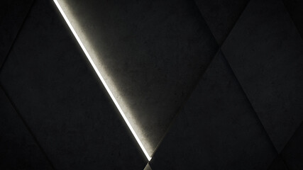 Dark, Concrete wall background, with integrated White light strips. Geometric Tech Wallpaper with Illuminated, Futuristic, 3D Blocks. 3D render