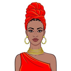 Animation portrait of the beautiful  black woman in a red turban and gold jewelry. Ethnic style. Color drawing. Vector illustration isolated on a white background.Template for use.