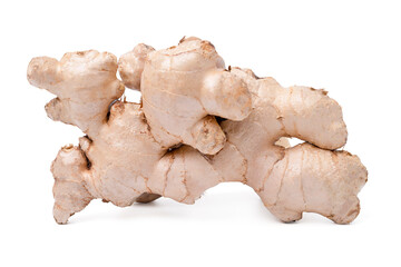 Fresh ginger root rhizome with shredded ginger on white background,