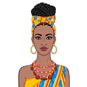 Animation portrait of the beautiful  black woman in a orange turban and ethnic jewelry. Color drawing. Vector illustration isolated on a white background.Template for use.