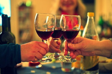 Group of friends toasting with red wine