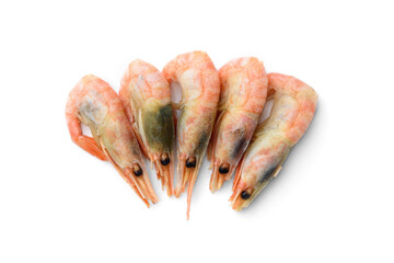 Unpeeled shrimps isolated on white background. Top view.