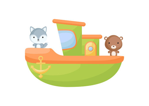 Cute little wolf and bear sailing on green ship. Cartoon character for childrens book, album, baby shower, greeting card, party invitation, house interior. Vector stock illustration.