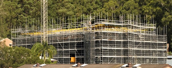 Panoramic image of new building site progress. Gosford, Australia. March 25, 2021. 56-58 Beane St. Part of a series.