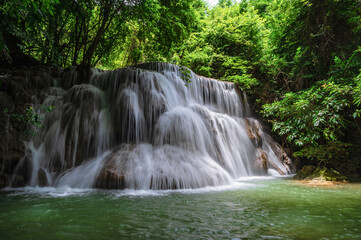 Landscape of Huai mae khamin waterfall Srinakarin national park at Kanchanaburi thailand.Huai mae khamin waterfall third floor " Wangnapa"
