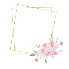 Gold geometric frame with roses. Watercolor illustration. Decorative watercolor flowers. Compositions floral illustration.