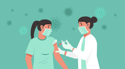 Immunization and vaccination flu shot concept, female doctor with medical protective suit, glove, mask inject syringe in patient arm, Covid-19 prevention with woman having vaccine, vector illustration © ST.art
