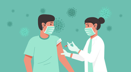 Immunization and vaccination flu shot concept, female doctor with medical protective suit, glove, mask inject syringe in patient arm, Covid-19 prevention with man having vaccine, vector illustration