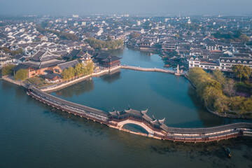 Obraz premium Aerial landscapes of the ancient buildings in Jinxi, a historic canal town in southwest Kunshan, Jiangsu Province, China