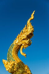 Fototapeta na wymiar Beautiful Golden naga or Golden dragon big head in front temple entrance with the blue sky in asia region