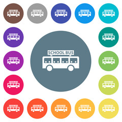 school bus with passengers side view flat white icons on round color backgrounds