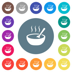 Steaming bowl of soup with spoon flat white icons on round color backgrounds