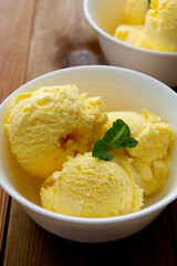 Close up Vanilla ice cream scoops sundae in bowl on wooden background