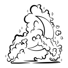 Night sky vector, moon in the clouds hand drawing