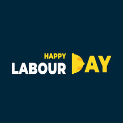 Happy labour day vector label, poster, social media post with yellow hard hats or helmet illustration on blue background.1st may workers day poster