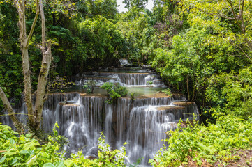Landscape of Huai mae khamin waterfall Srinakarin national park at Kanchanaburi thailand.Huai mae khamin waterfall fourth floor 