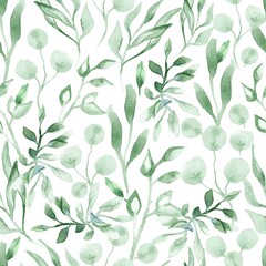Watercolor seamless pattern with green leafs and branches. Hand drawn summer textile decoration botanical floral illustration.