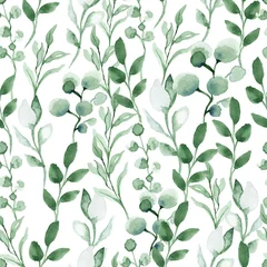 Gardinen Aquarell nahtlose Muster mit grünen Blättern und Zweigen. Handgezeichnete Sommertextildekoration botanische Blumenillustration. © Iryna Danyliuk
