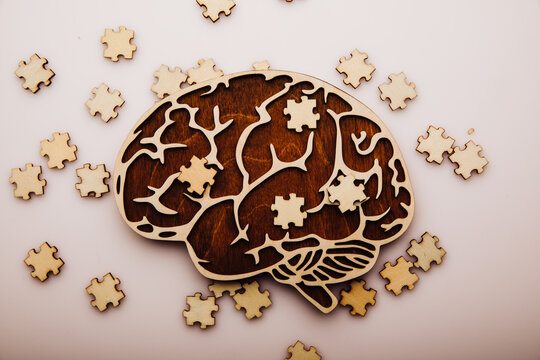 Brain with wooden puzzles. Mental Health and problems with memory