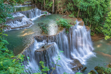 Landscape of Huai mae khamin waterfall Srinakarin national park at Kanchanaburi thailand.Huai mae khamin waterfall fourth floor "Chatkaew"
