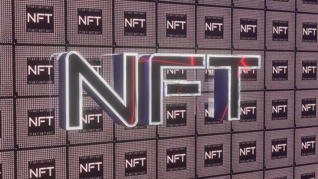 3D nft lettering with red light flashes on the background of moving letters. loop abstract background. 3d render