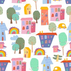 Seamless Pattern with colorful Houses on white Background © Maria Starus