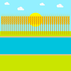 Wheat field background with river and sun. Summer landscape.  Simple style. Vector illustration. Clipart and drawing.