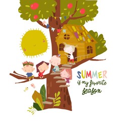 Happy Children playing on Treehouse on white background