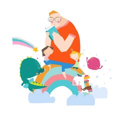 Big Father reading Book for his Children on Rainbow with Magic Characters