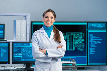 Female microelectronics engineer works in a scientific laboratory on computing systems and...
