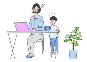 パソコン作業をしている最中に子供に話しかけられて困っている女性