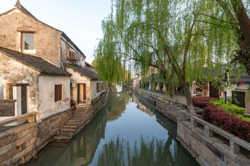 Fototapeta na wymiar Landscapes of the ancient buildings in Jinxi in the morning, a historic canal town in southwest Kunshan, Jiangsu Province, China
