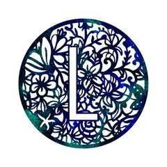Lace circle blue green letter L with. Texture Monogram letter L. Printable design.