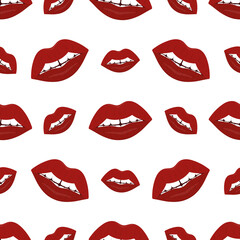 Plump lips. The seductive mouth is slightly open. Repeating vector pattern. Seamless seductive ornament. Endless background of kisses. Isolated colorless background. Flat style. An even row of teeth.