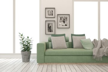 White living room with sofa. Scandinavian interior design. 3D illustration