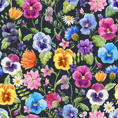 Fototapeta Beautiful vector seamless floral pattern with watercolor gentle colorful summer pansy flowers. Stock illustration. obraz