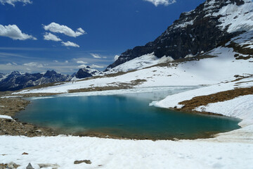 Iceline trail famous hike with beautiful glacier lake with blue colour, Canadian Rockies, British Columbia, Canada