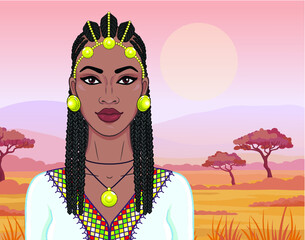 African beauty: animation portrait of the  beautiful black woman in Afro-hair and gold jewelry. Color drawing. Background - landscape savanna, mountains, acacia. Vector illustration. 