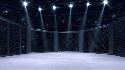 In the fighting cage with entry doorway on left. Interior view of fighting arena with fans and shining spotlights. Digital sport 3D illustration. © LeArchitecto