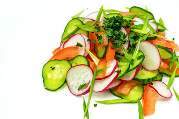 Healthy salad with tomatoes, cucumbers, onions and radishes in Minsk. Healthy snack concept. Keto, a paleo-eater. Top view, overhead, copy space
