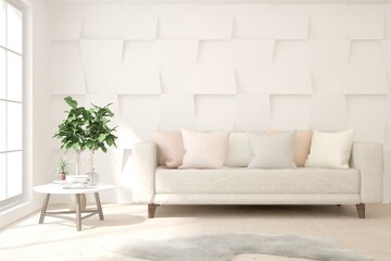 Soft color living room with sofa. Scandinavian interior design. 3D illustration