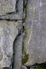 texture of broken gray stone with green moss